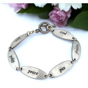 Vintage Link Bracelet Pewter Toned "Peace" Toggle Clasp - 2S